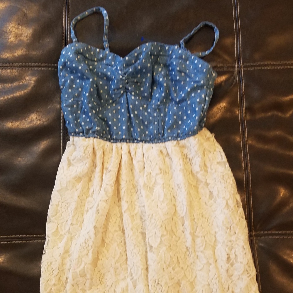 Lace dress with denim detail